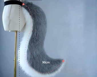 35.5 inch Long Furry Grey White Tail, Wolf Fursuit Long Tail, Custom Furrysuit Tail