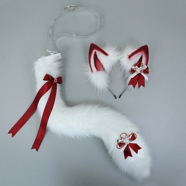 Fox Bow Ears And Tail Set | Cosplay Fox Headdress And Tail | Cosplay Fluffy Fox Fursuit