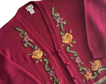Vintage XL Napa Valley Red Maroon Cardigan with Embroidered Floral Pattern