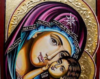 Handmade Virgin Mary and Jesus Icon: Orthodox Christian Art