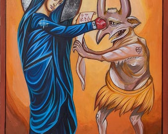 Hail Mary Punches Devil Icon: Hand-Painted Religious Art