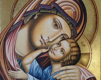Handmade Virgin Mary and Jesus Icon Print on Wood: Orthodox Christian Art