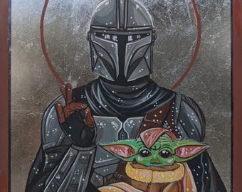 Mandalorian und Baby Yoda Symbol | Din Djarin & Grogu Star Wars Ikonographie | Handgemachte byzantinische Sci-Fi Kunst | Geek Geschenk