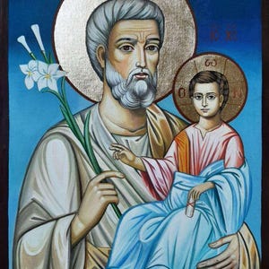 Handmade Orthodox Icon of Saint Joseph with the Christ Child – Traditional Byzantine Religious Art on Wood