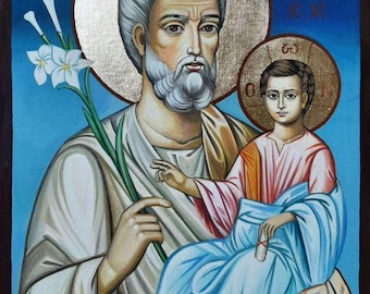 Handmade Orthodox Icon: Saint Joseph and Christ Child - Byzantine Religious Art