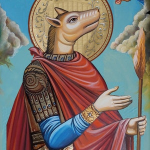 May include: A painting of Saint Christopher, depicted as a man with a dog's head, wearing a red robe and gold armor. He holds a staff in his right hand and is looking up at a small figure of Jesus in the upper right corner. The painting is on a blue background with clouds.