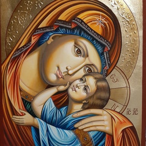 Orthodox Christian Icon Handmade – Virgin Mary with Jesus Christ | Mother of God Art | Sacred Mercy Icon | Religious Gift | Eleousa