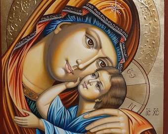 Orthodox Christian Icon Handmade – Virgin Mary with Jesus Christ | Mother of God Art | Sacred Mercy Icon | Religious Gift | Eleousa