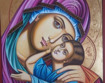 Hand-Painted Byzantine Icon of the Mother of God and Christ – Christian Orthodox Religious Art – Catholic Gift – Spiritual Home Decor