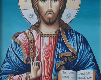Hand-Painted Christ Pantocrator Icon: Egg Tempera & Gold Leaf Relief
