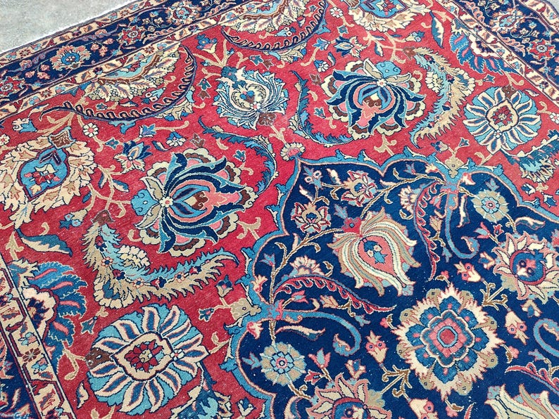 Antique Heriz Rug 8x11, Large Persian Rug 8x10, Oversize Vintage Navy Rug 8x10, Traditional Area Rug Red, Hand Knotted Tribal Rug 7x10 8x10 image 9