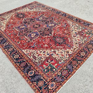 Heriz Serapi Rug 10x13, Red & Navy Blue Large Rug 10x14, Oriental Ethnic Oversize Rug image 5