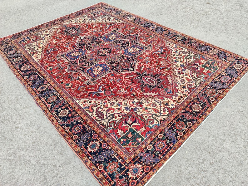 Heriz Serapi Rug 10x13, Red & Navy Blue Large Rug 10x14, Oriental Ethnic Oversize Rug image 5