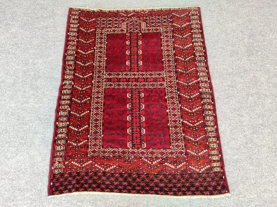Turkmen Rug 3x4, Red Rug Vintage, Afghan Rug, Turkish Red Area Rug