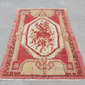 Red Turkish Rug 4x5, Vintage rug 4x5, Oushak Rug 4x5, Persian Rug 4x5, Heriz Rug, Antique Rug 4x5, Rare rug, Decorative Rug 4x5, Carpet 4x5
