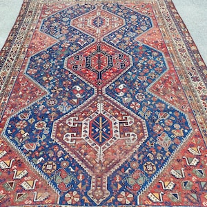 Persian Shiraz 7x10 Rug, Antique 1800s Carpet, 7x10 Blue Area Rug, Red Oversize Rugs, 7x10 Vintage Turkish Rug, Antique Furniture Textiles