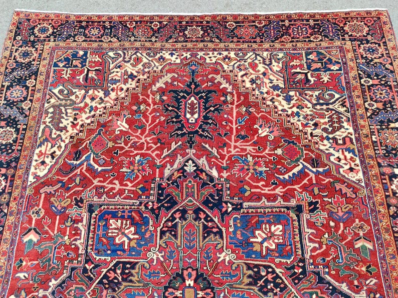Heriz Serapi Rug 10x13, Red & Navy Blue Large Rug 10x14, Oriental Ethnic Oversize Rug image 8