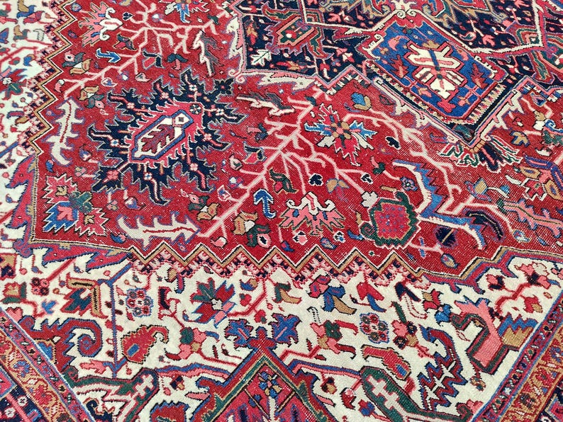 Heriz Serapi Rug 10x13, Red & Navy Blue Large Rug 10x14, Oriental Ethnic Oversize Rug image 6