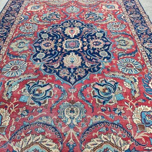Antique Heriz Rug 8x11, Large Persian Rug 8x10, Oversize Vintage Navy Rug 8x10, Traditional Area Rug Red, Hand Knotted Tribal Rug 7x10 8x10 image 6