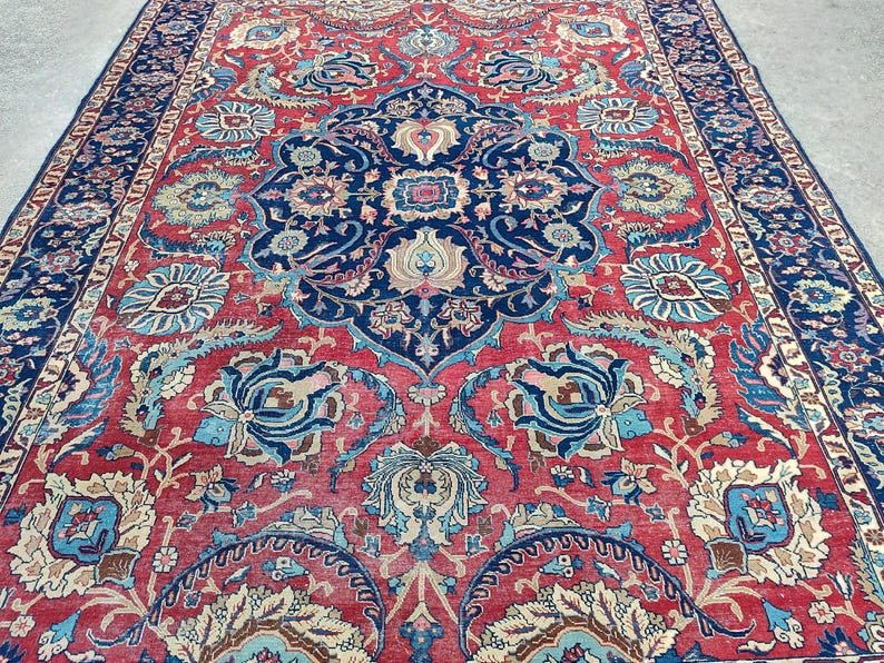 Antique Heriz Rug 8x11, Large Persian Rug 8x10, Oversize Vintage Navy Rug 8x10, Traditional Area Rug Red, Hand Knotted Tribal Rug 7x10 8x10 image 6