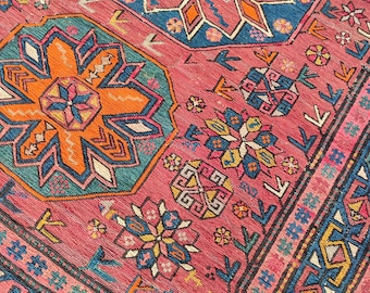 Antique Caucasian Soumak Rug 4x6, Azerbaijan Rug, Kazak Rugs, Oriental Rug Kilim 4x6, Handmade Rug, Persian Rug 4x6 Heriz, Red Vintage Rug