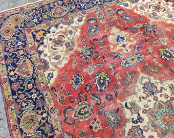 Heriz Rug 9x12ft, Oriental Rug, Large Rug, Ethnic Rug, Oversize Pink and Navy Antique Rug, Hand Knotted Rug