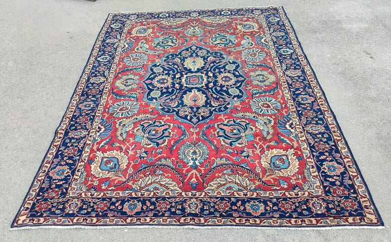 Antique Heriz Rug 8x11, Large Persian Rug 8x10, Oversize Vintage Navy Rug 8x10, Traditional Area Rug Red, Hand Knotted Tribal Rug 7x10 8x10 image 2