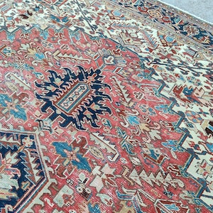Persian Tribal Rug 9x12, Antique Heriz Oriental Rug 9x12, Persian Style Textile Rug Large, Handmade Wool Rug, 9x12 Living Room Area Rug