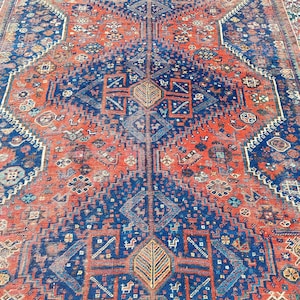 Antique Shiraz Rug 7x10, Navy Persian Rug, Coral Hand Knotted Rug, Oversize Rug, Caucasian Rug 7x10 Heriz, Anatolian Rug, Traditional Rug