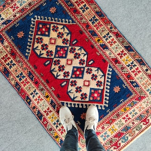 Anatolian Rug 3x5, Oushak Vintage Carpet, Colorful Turkish Rug 3x5, Wool Red Knotted Rug 3x5 Afghan Persian Rug Blue, Home Decor Farmhouse