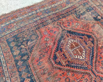 Persian Shiraz Rug 7x10, Antique Red Navy Carpet Rug, Handmade Traditional Rug 7x9 7x10, Large Blue Persian Caucasian Rug, Heriz Serapi Rug