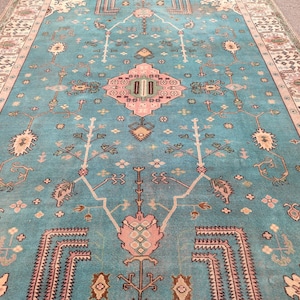 Vintage Rug 7x10 Turquoise Rug, Turkish Rug Large, Home Decor, Living Room Bedroom Rug 7x10, Blue Area Hand Knotted Rug, Oushak Rug Oversize
