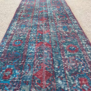 Runner Rug 10 11 Ft, Blue Turkish Rug, Vintage Runner 2x10, Stair Rug, Persian Runner 2x10, Hall Narrow Runner, Navy Wool Rug, Kilim Runner