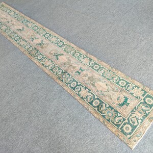 Oushak Rug 2x13 Runner, Long Narrow Runner Green, Hall Corridor Entry Rug, 2x13 Runner, Turkish Wool Rug, 13 foot Runner, Neutral Rug Home