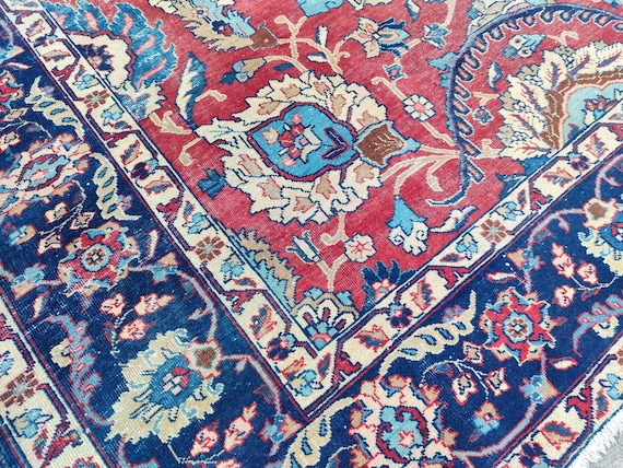 Antique Heriz Rug 8x11, Large Persian Rug 8x10, Oversize Vintage Navy Rug 8x10, Traditional Area Rug Red, Hand Knotted Tribal Rug 7x10 8x10