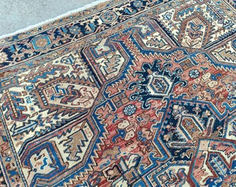 Heriz Rug 7x9, Oriental Rug Antique, Red Blue Rug 7x10, Art Textiles Decor Rug, Caucasian Large Wool Rug, Traditional Rug