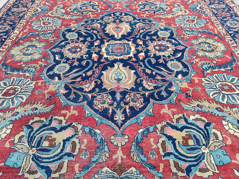Antique Heriz Rug 8x11, Large Persian Rug 8x10, Oversize Vintage Navy Rug 8x10, Traditional Area Rug Red, Hand Knotted Tribal Rug 7x10 8x10 image 4