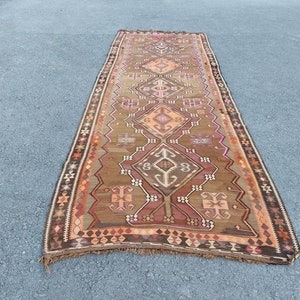 5x13 Turkish large kilim runner, Vintage large kilim, Dining room kilim, Hallway vintage Runner, Brown runner rug, Anatolian natural kilim
