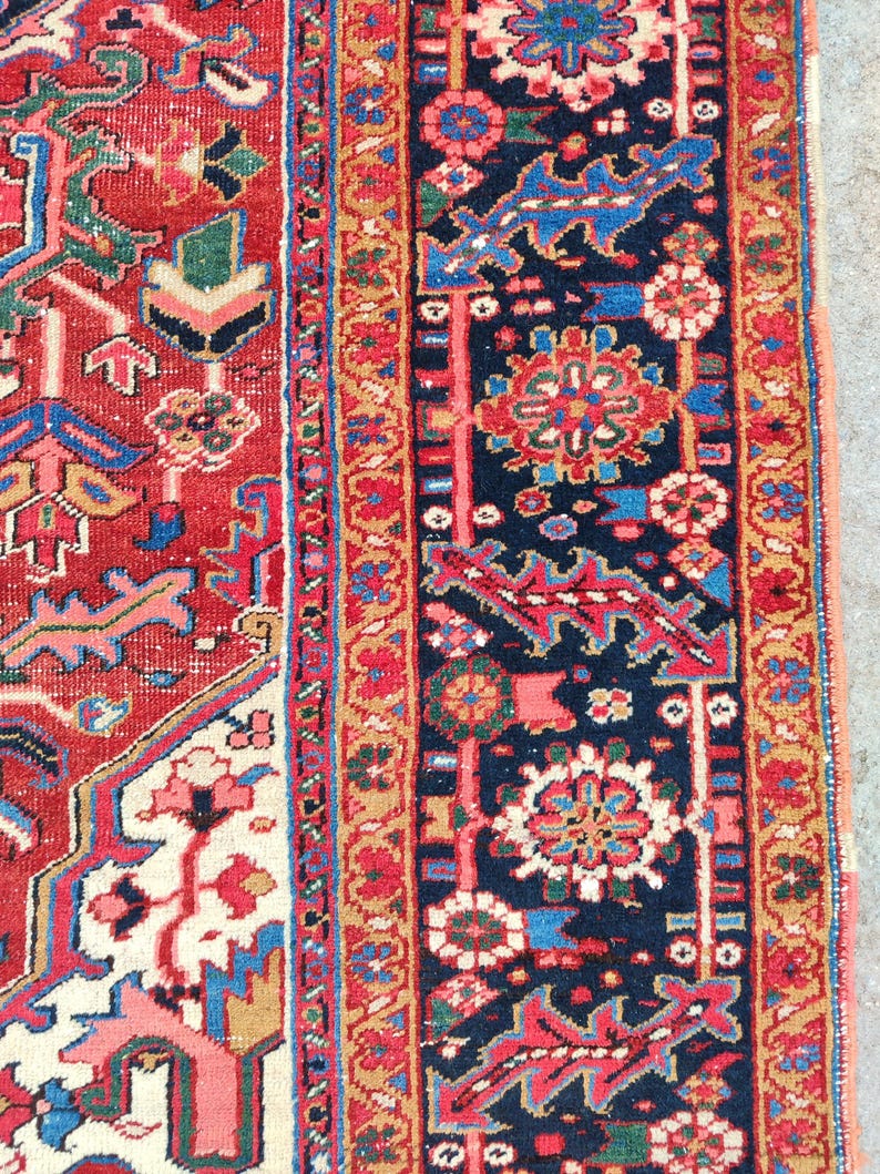 Heriz Serapi Rug 10x13, Red & Navy Blue Large Rug 10x14, Oriental Ethnic Oversize Rug image 7