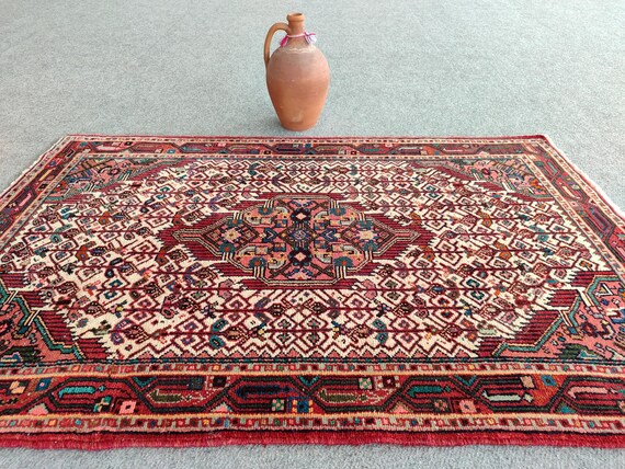Kleiner Wollteppich (3x4), antiker Heriz-Teppich (3x4), Art-déco-Teppich, mehrfarbiger Teppich, türkischer Oushak-Teppich (3x4), kleiner kaukasischer Teppich