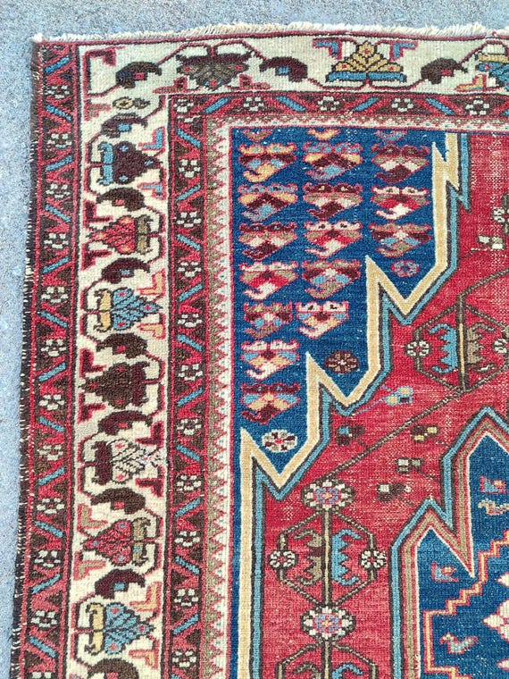 Persian Rug 4x6, Red Antique Rug, Caucasian Kazak Rug, Old Heriz