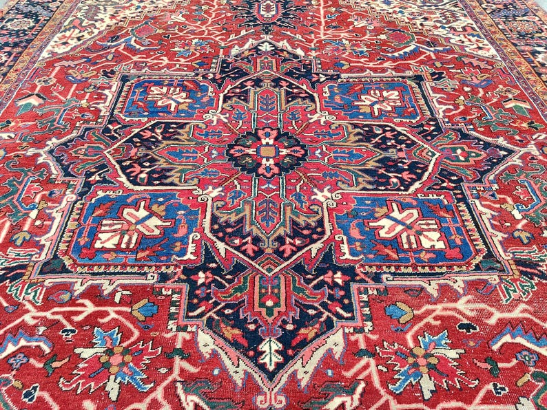 Heriz Serapi Rug 10x13, Red & Navy Blue Large Rug 10x14, Oriental Ethnic Oversize Rug image 3