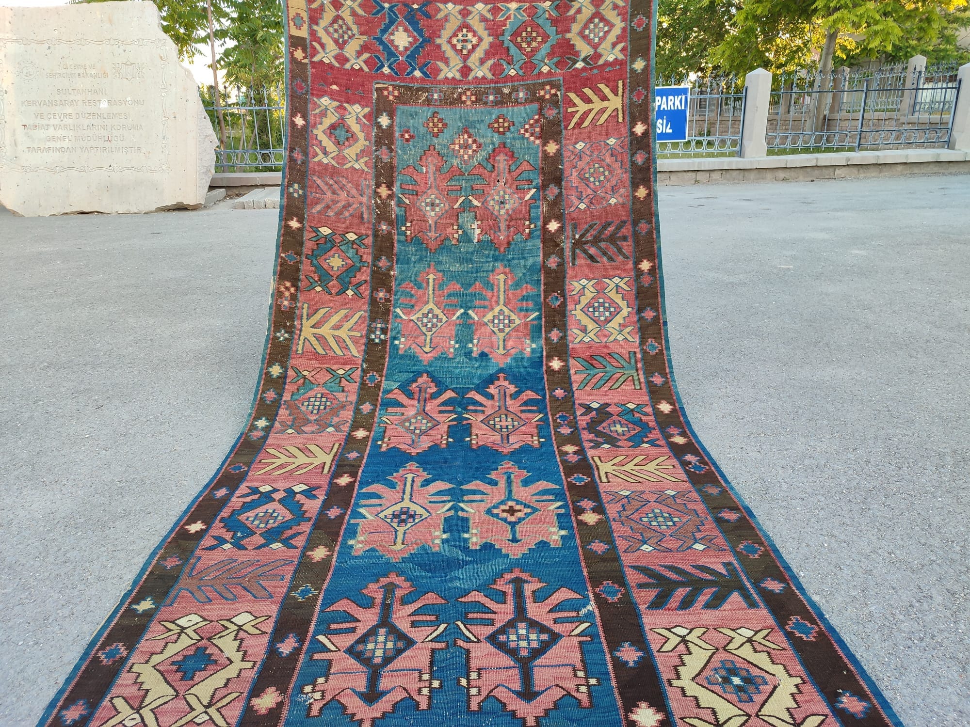 Dagestan Avar Kilim Rug 5x13, Navy Antique Caucasian Rug, Large