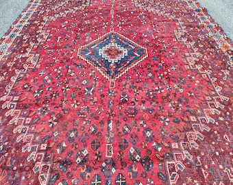 Antique Persian Shiraz Rug 7x10, Red Large Vintage Rug, Heriz Rug 8x10, Blue Hand Knotted Traditional Rug, 8x10 Turkish Rug, Caucasian Rug