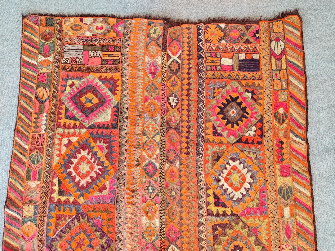 Arabi Rug Antique Arabic Kilim Rug 5x8, Embroidered Rug, Iraq Kurdish Rug, Orange ...