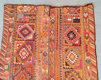 Antique Arabic Kilim Rug 5x8, Embroidered Rug, Iraq Kurdish Rug, Orange Rug, Suzani Rug, Textiles Rug, Traditional Kilim Cicim Rug Knotted