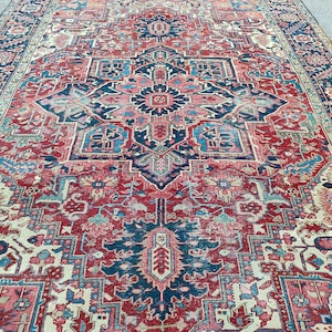 Persian Rug 8x11, Red Antique Rug, Large Rug 8x10, Ethnic Heriz Rug 8x12, Blue Rug, Oversize Hand Knotted Rug, Living Room Rug, Oriental Rug