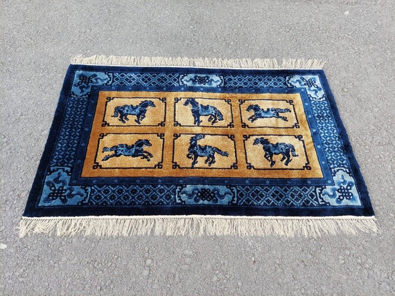 3x5 Silk China Rug, Traditional Rug Vintage, Chinese Rug, Animal Figured Carpet, Silk Antique Rug 3x5, Decorative Rug Vintage, Blue Rug