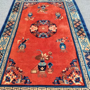 China Traditional Rug 3x5 Vintage, Antique Wool Rug 3x6, Chinese Rug, Blue Orange Rug Turkish 3x5 Bohemian Decor Rug, 3x5 Persian Rug Small