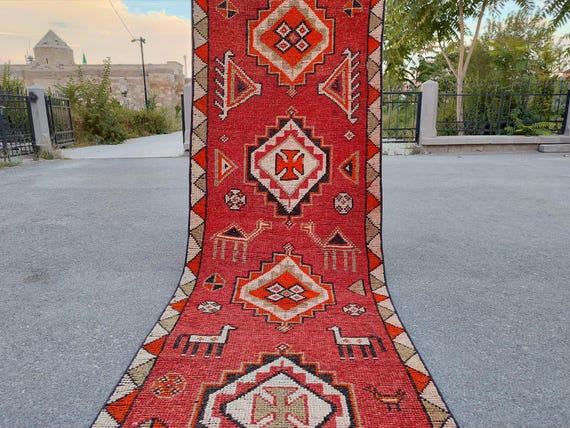ランナーラグ 12 13 フィート、赤いトルコ製ランナー、ペルシャ製